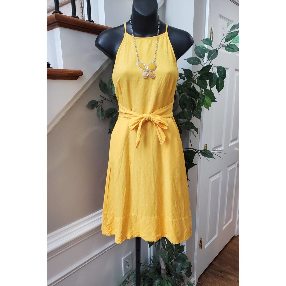 LOFT Womens Yellow Sleeveless Back Zipper Waist Tie Knee Length Dress Petite 00